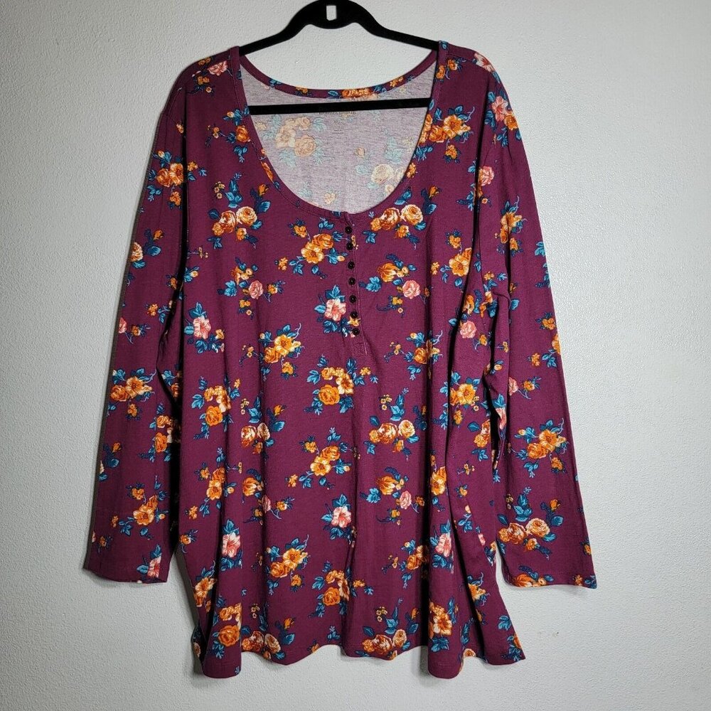 Woman Within Floral Top 3X 30/32 Oversized Long‎ Sleeve Cotton Pullover Stretch